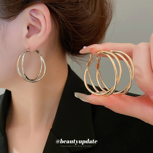 A廠【HE27215】925銀針光面雙層交叉圓形耳圈歐美時尚百搭耳環個性耳飾設計感小眾女 25.06-3