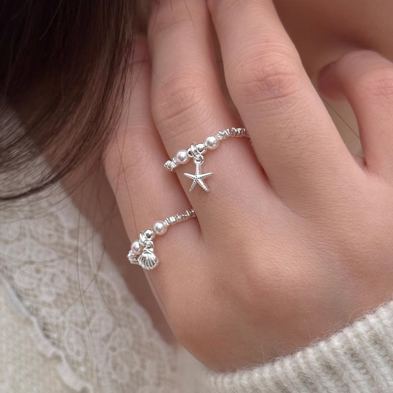 F廠【DQ8316R】ins風海星貝殼仿珍珠碎銀子戒指女S925純銀簡約手工設計指環 25.05-3