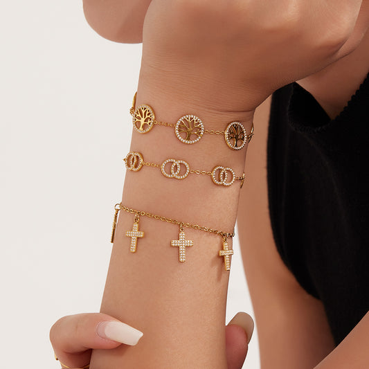 B廠【E320】跨境新款十字吊墜手鍊鑲鋯石小眾個性生命樹手飾不銹鋼鍍金 25.08-3