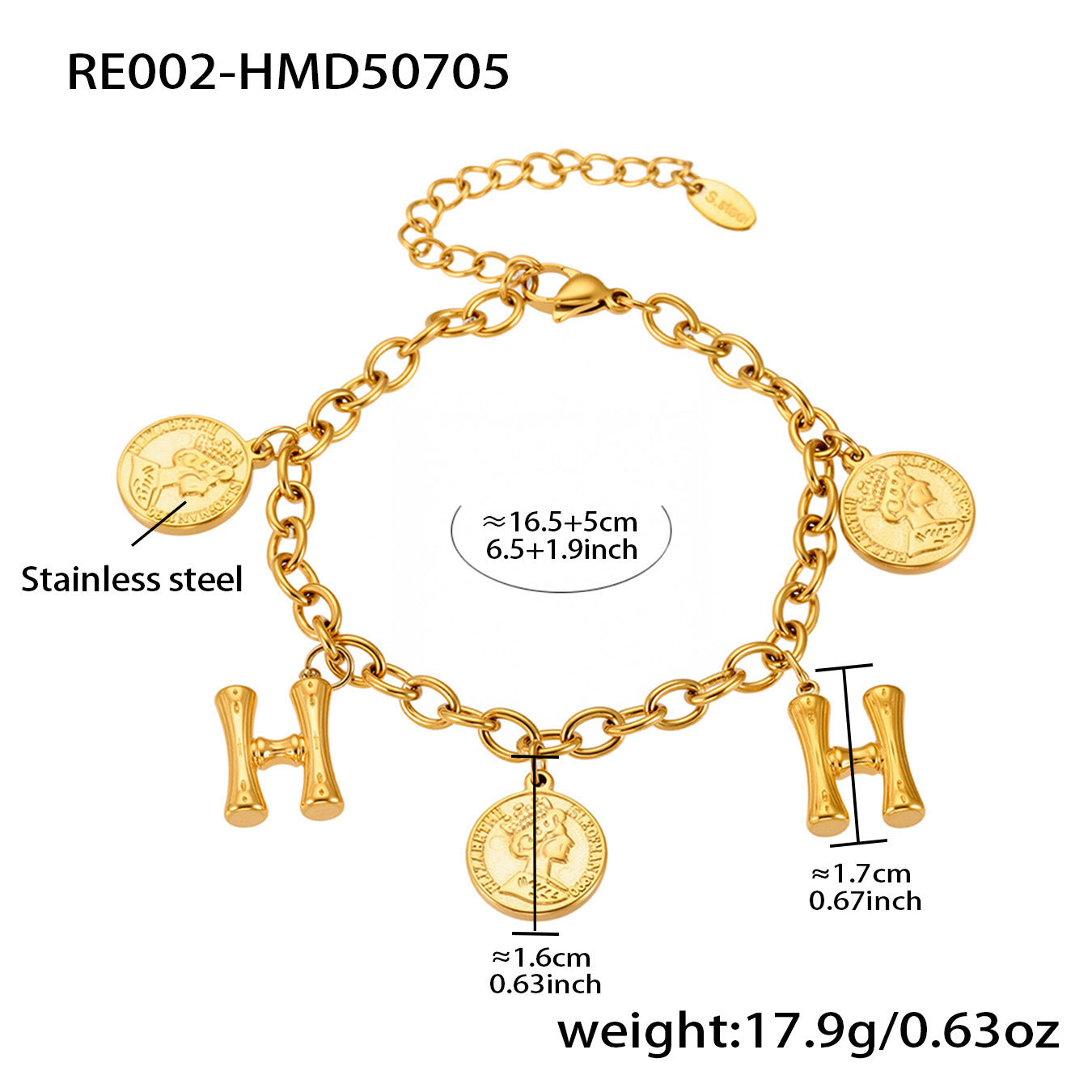 B廠【RE002】歐美飾品不鏽鋼26個字母伊莉莎白女王圖像手鍊鍍18k金色保色 25.07-3
