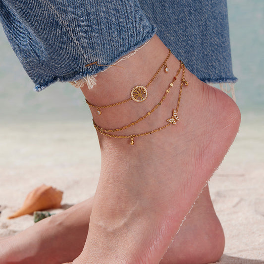 B廠【S035】跨境飾品時尚簡約生命樹鑲鋯石腳鍊不鏽鋼鍍18k真金不掉色 25.08-3