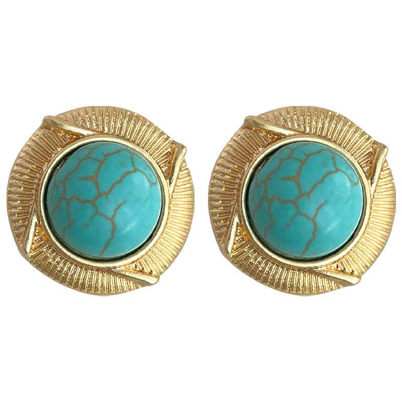 C廠【4308】新中式中古風合成綠松石圓形幾何復古重工鍍14K新款耳環耳環 24.06-4