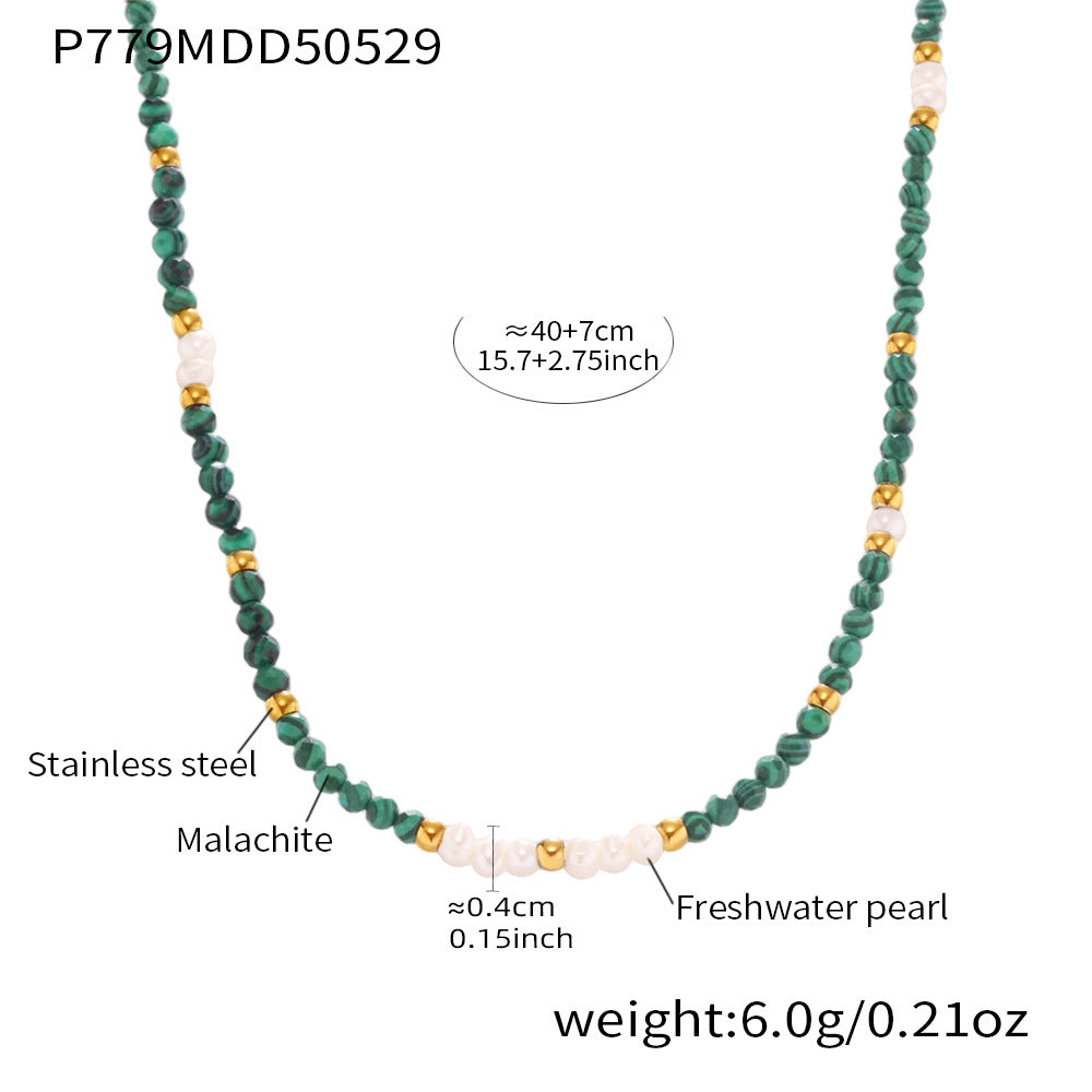B廠【P779】法式浪漫飾品天然淡水珍珠串孔雀石項鍊女手工串珠精緻項鍊 25.06-1