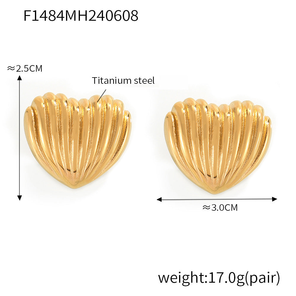 B廠【F1484】法式簡約線條紋理愛心耳環女復古vintage設計感氣質鈦鋼鍍金耳飾 24.06-3