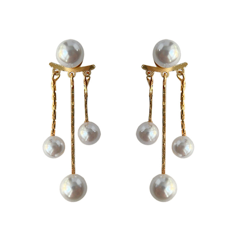 C廠【4140】前後戴~珍珠流蘇氣質時尚設計感簡約通勤長版鍍14K銀針耳飾女耳環 24.05-5