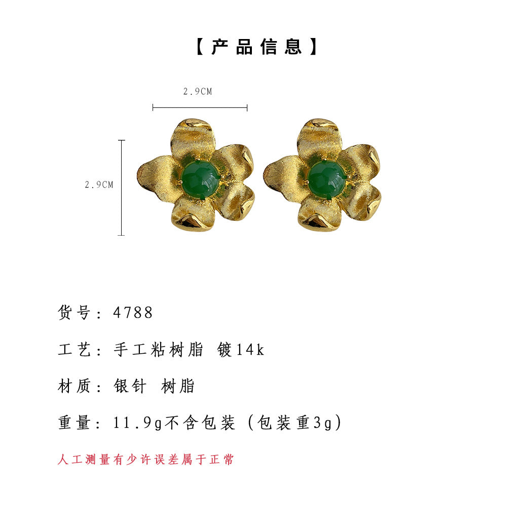 C廠【4788】文藝復古立體誇張大花朵中古風耳飾祖母綠耳環2024年秋季耳環 24.08-5