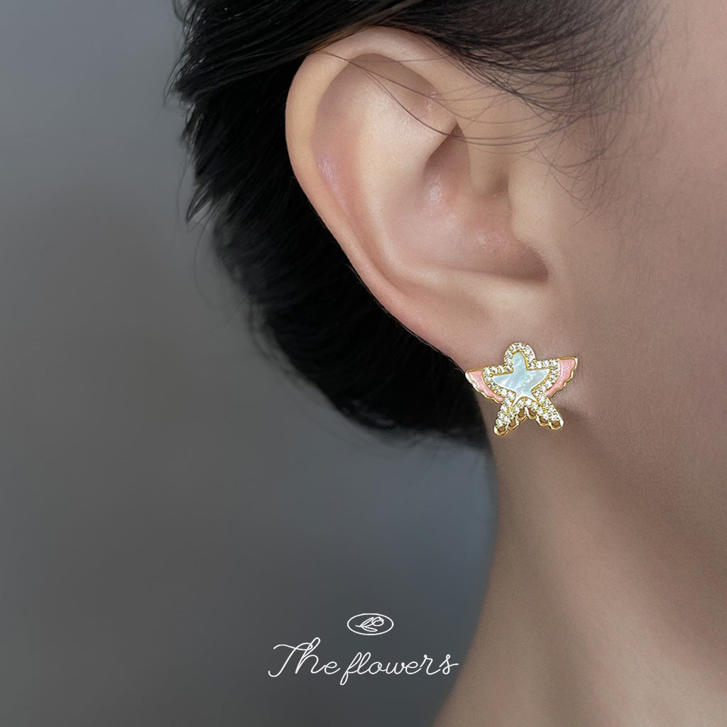 C廠【6855】原創飛燕~真貝殼微鑲鋯石彩繪925銀針風箏耳環氣質小香風耳飾
 25.10-4