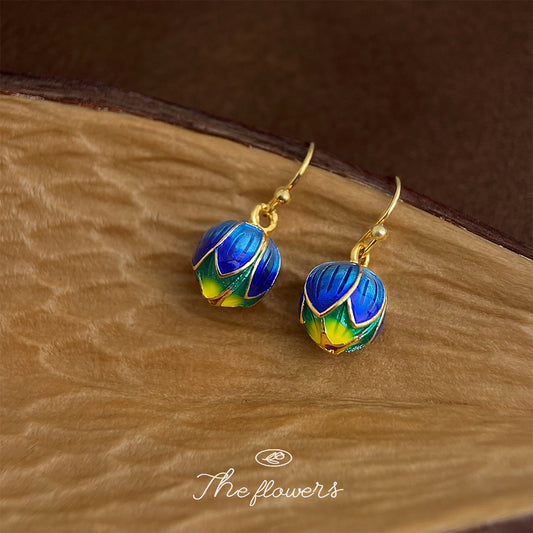 C廠【5451】民族風景泰藍滴釉蓮花耳環新中式個性藍色花朵手工復古高級感耳飾 25.04-4