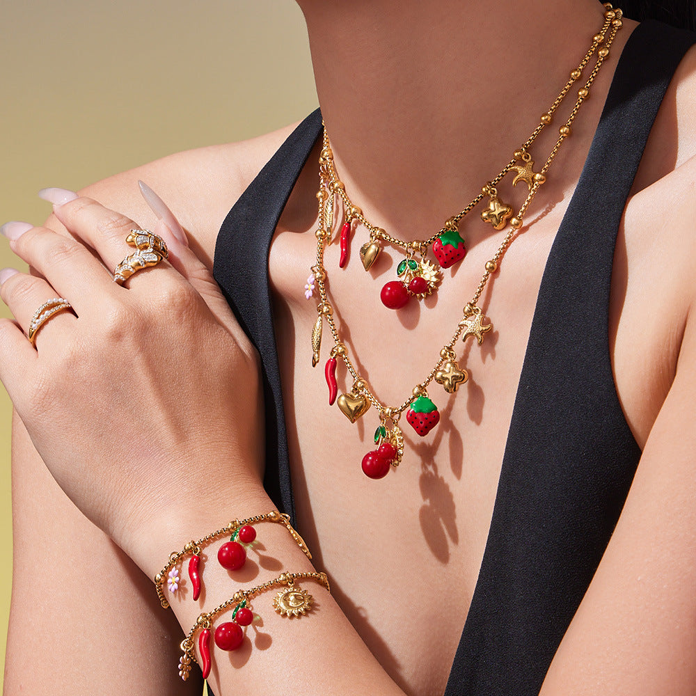 B廠【TXP449】櫻桃滴油小菊花手鍊項鍊diy不鏽鋼鍍18K金歐美百搭珠寶首飾
 25.10-4