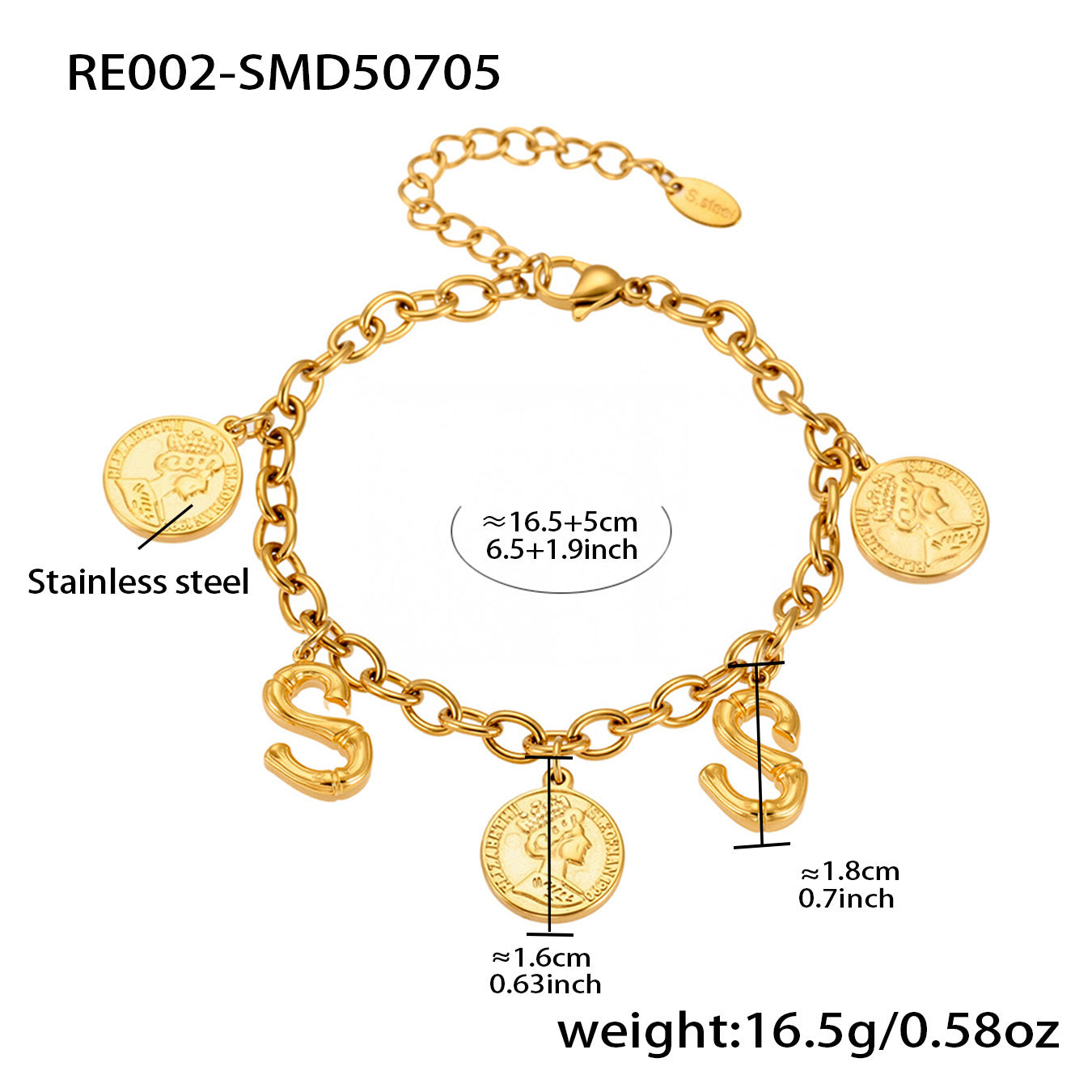 B廠【RE002】歐美飾品不鏽鋼26個字母伊莉莎白女王圖像手鍊鍍18k金色保色 25.07-3