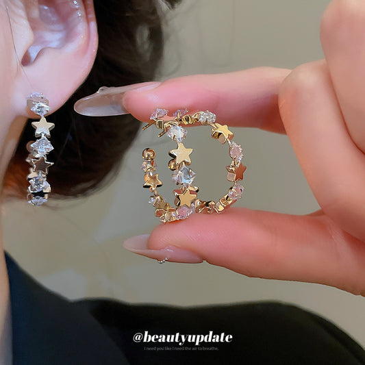 A廠【WE4838】925銀針超閃鋯石星星幾何C形耳環簡約百搭時尚耳環輕奢高級感耳飾女
 25.10-5