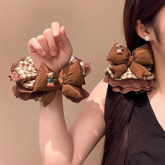 C廠【P89】韓系咖色格子蝴蝶結蕾絲四層大腸髮圈女超大號丸子頭氣質頭繩髮飾
26.01-1