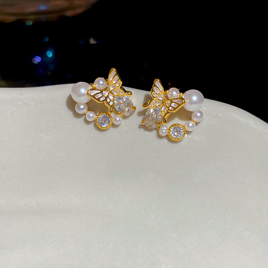 A廠【HE26194】925銀針鋯石珍珠蝴蝶耳環法式精緻百搭耳環輕奢高級感耳飾設計感小眾 25.05-1