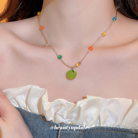 A廠【HN9131】鈦鋼貓眼石琉璃蘋果吊墜項鍊小清新簡約鎖骨鏈小眾設計感頸鍊項鍊 25.06-3
