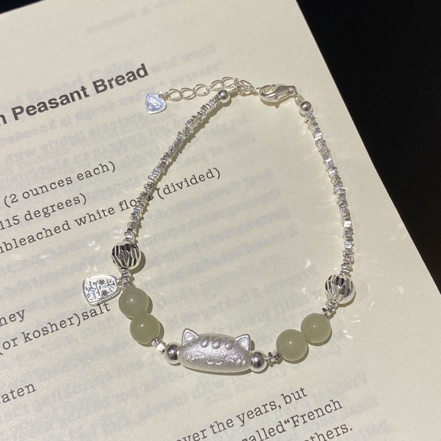 F廠【DQ0493S】S925純銀法棍貓天然與田玉手鍊S925純銀碎銀子小眾精緻手飾女
 25.10-4