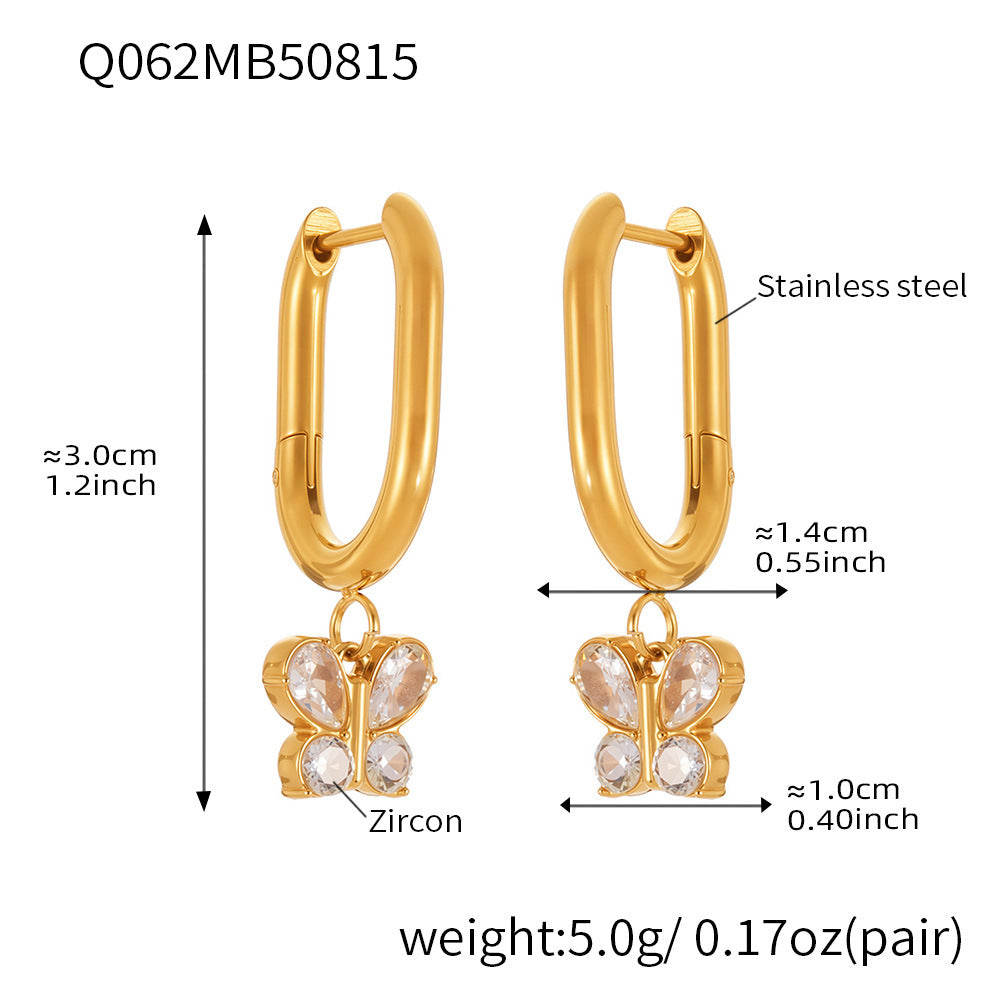 B廠【Q062】歐美飾品不銹鋼蝴蝶吊墜帶鑽耳環鍍18k真金跨境熱銷耳飾女 25.08-5