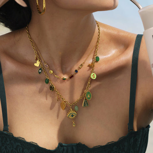 B廠【TXP249】歐美不銹鋼惡魔之眼鑲鋯石多配件天然石吊墜項鍊手鍊套裝女 25.04-4