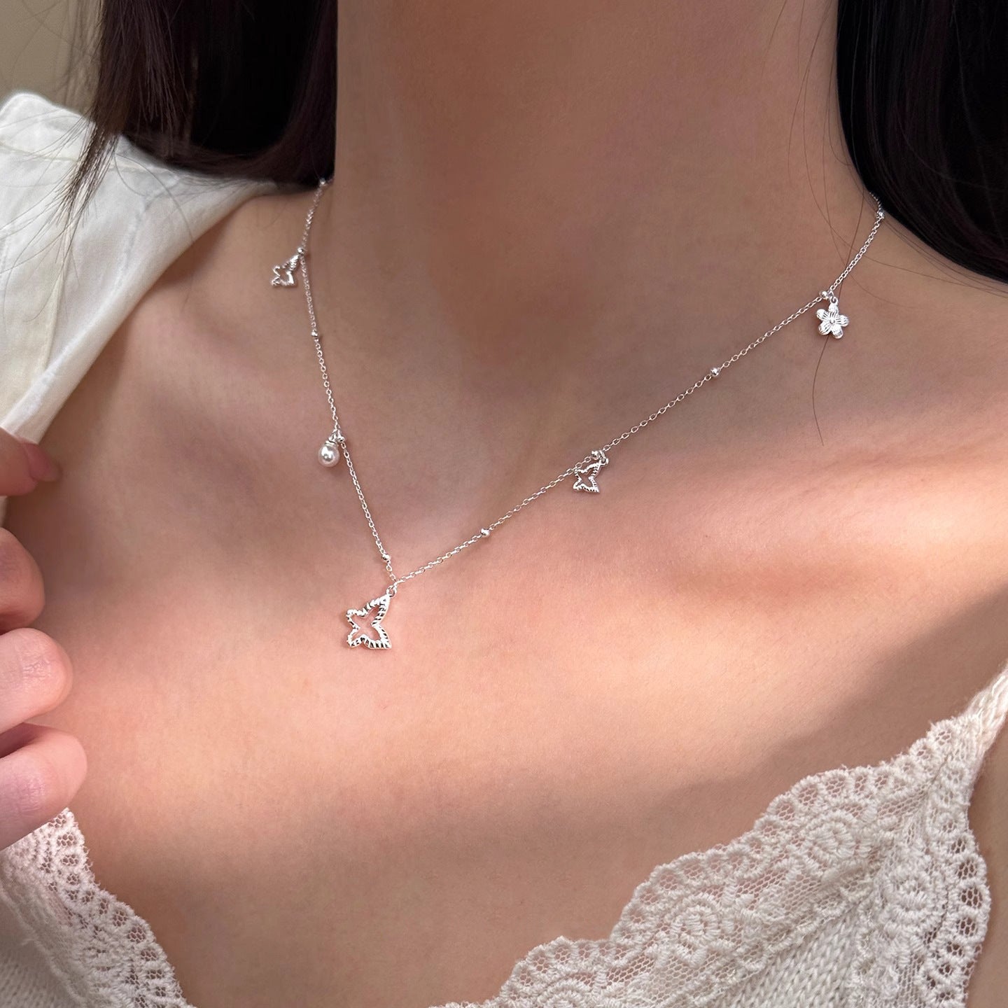 F廠【DQ1202N】韓國韓版蝴蝶仿珍珠項鍊女S925純銀時尚高級感花朵百搭鎖骨鏈 25.06-4
