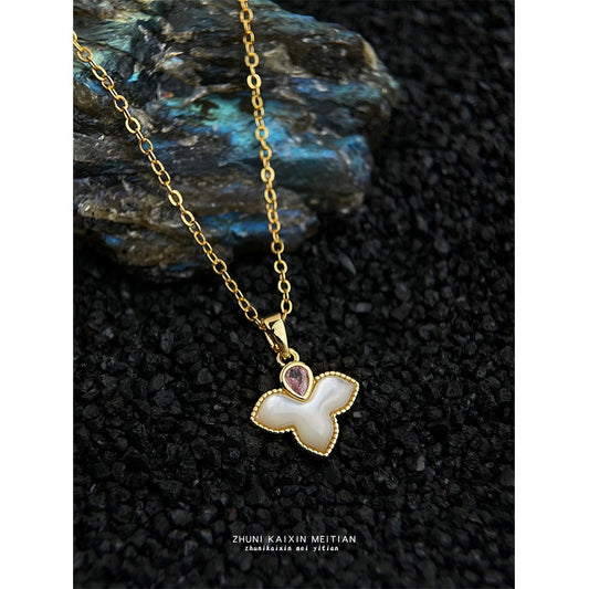 C廠【6630】厚鍍18K真金強保色貝母楓葉時尚高級感輕奢風老錢項鍊 鋯石鎖骨鏈
 25.08-5