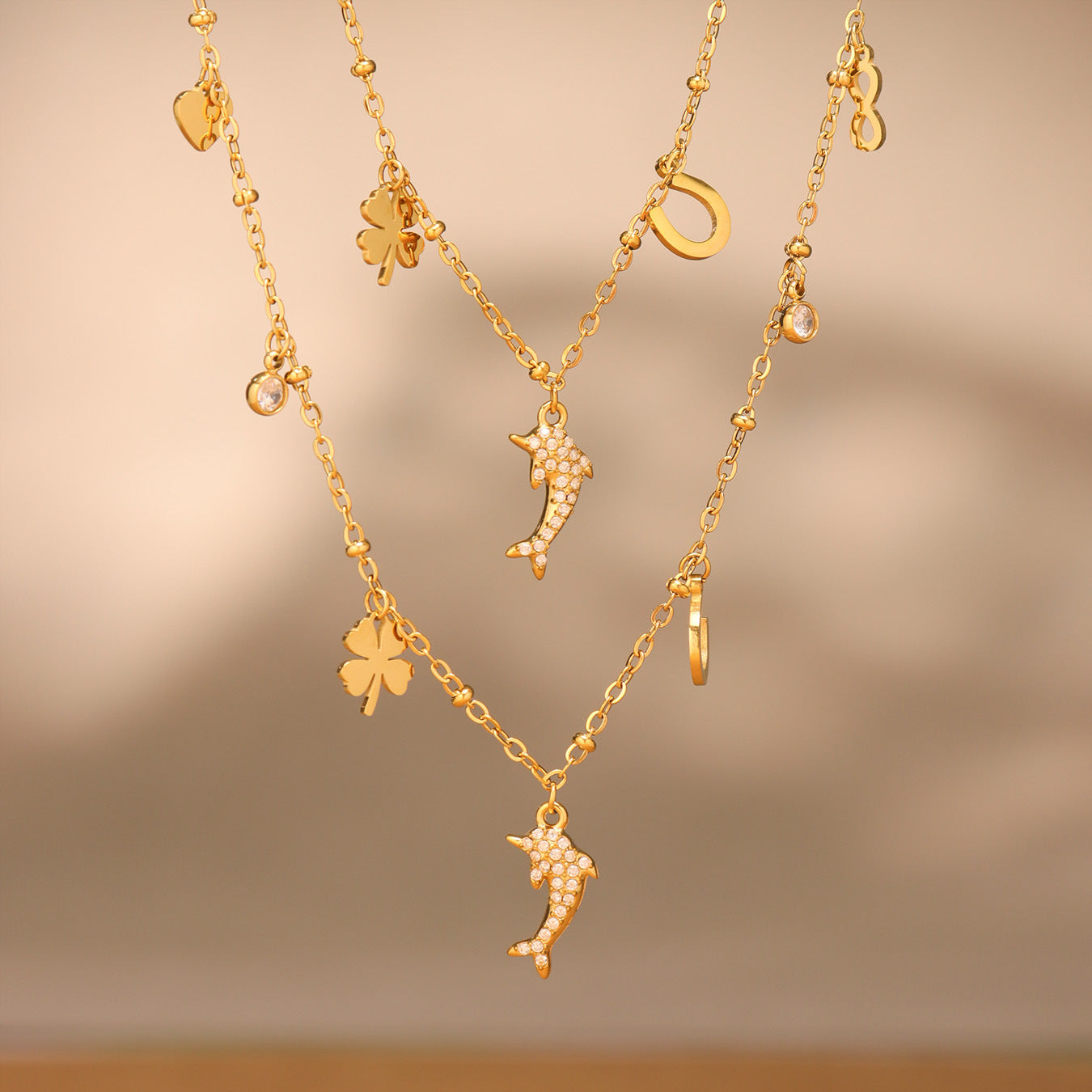 B廠【P1335】不鏽鋼5A鋯石小海豚8字多配件吊墜疊戴項鍊鍍18k真金飾品女 25.05-2