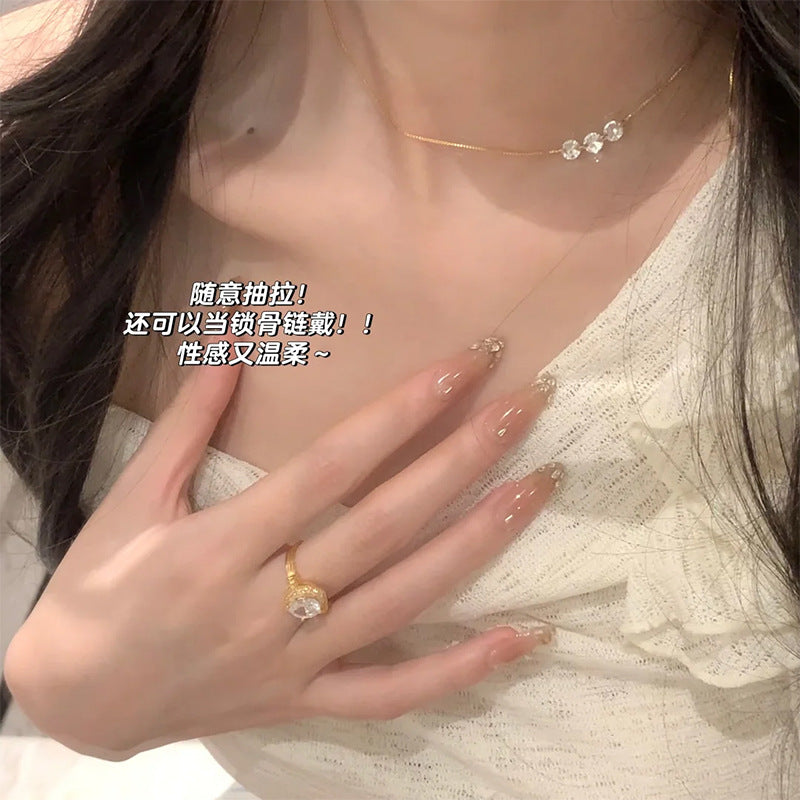 F廠【DQ0023N】S925純銀韓系精緻三鑽項鍊女小眾極簡風靈動可抽拉鎖骨鍊頸鏈
 25.10-4