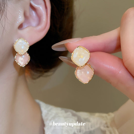 A廠【HE26227】925銀針粉色樹脂菱形耳環小眾百搭甜美耳環氣質輕奢高級感時尚耳環女 25.05-1