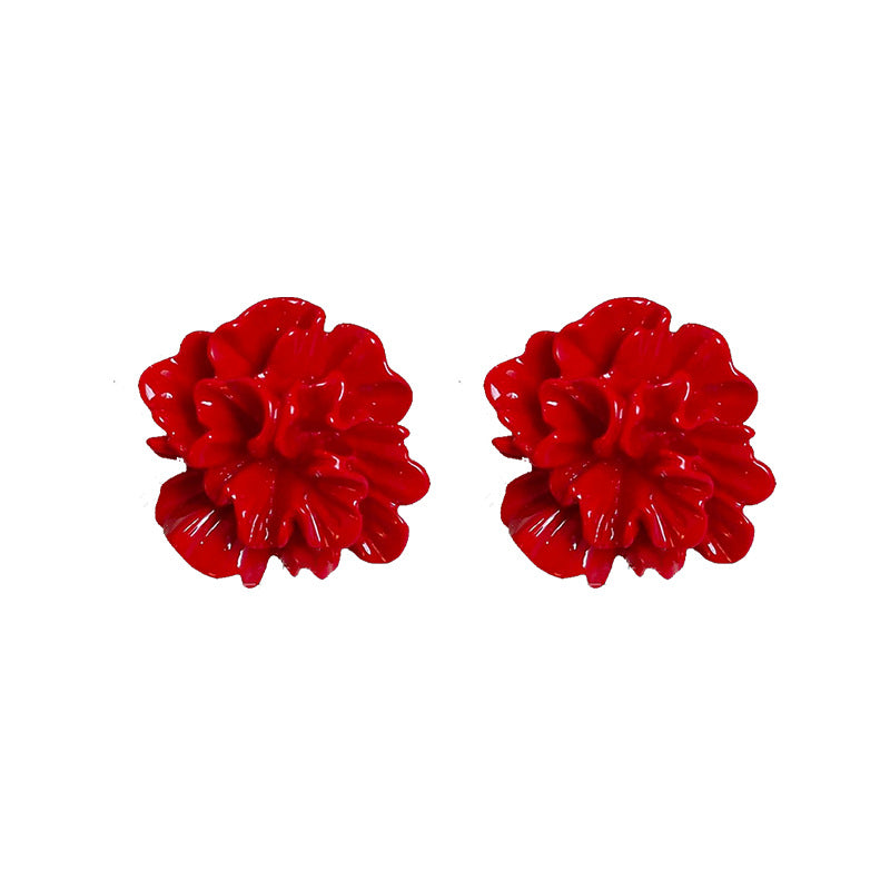 A廠【HE22775】925銀針紅色褶皺花朵耳環高級感時尚新款耳環港風復古簡約氣質耳環女 24.10-2
