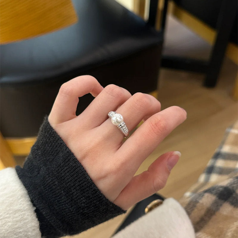 F廠【DQ8359R】中古風施家仿珍珠戒指女S925純銀法式復古高級感小眾開口戒指 25.04-3