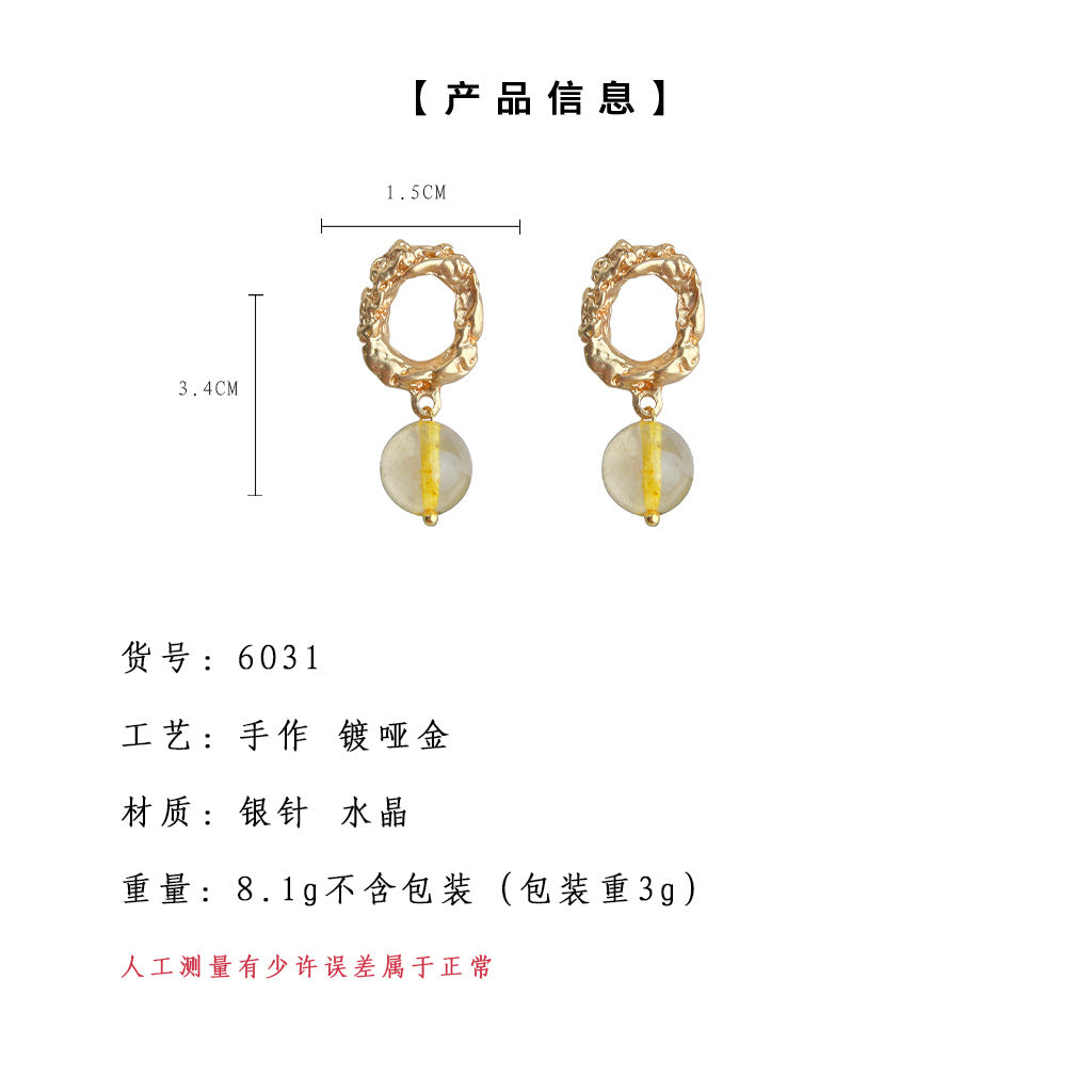 C廠【6031】文藝復古鍍霧面金色天然石黃水晶民族風耳環2025年新款耳環女 25.05-3