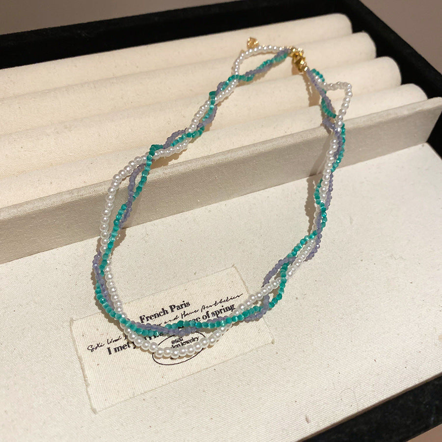 A廠【HN8333】三層纏繞貓眼石水晶珍珠纏繞項鍊女小眾設計簡約鎖骨鏈高級感頸鍊 25.03-4