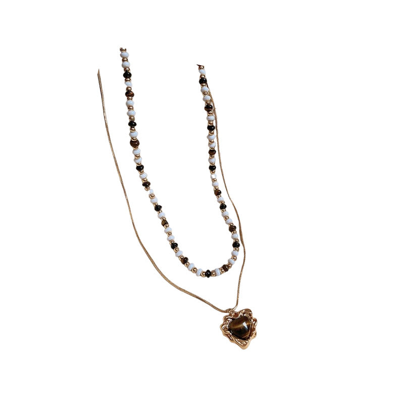 A廠【HN7692】真金電鍍愛心虎眼石款串珠項鍊輕奢復古高級感鎖骨鏈小眾氣質項鍊 24.11-1