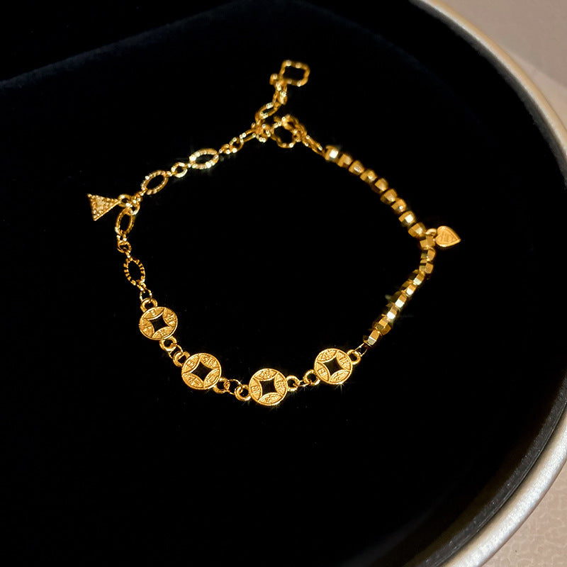 A廠【HB3537】24k真金電鍍沙金鋯石銅錢手鍊女新中式氣質手環輕奢高級感手飾女 25.03-1