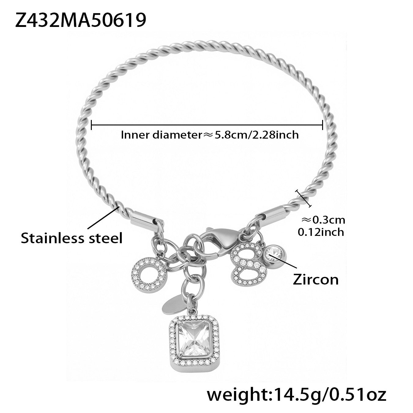 B廠【Z432】麻花線開口手鐲8字鋯石帶鑽DIY多配件手鐲不鏽鋼材質不掉色 25.06-4