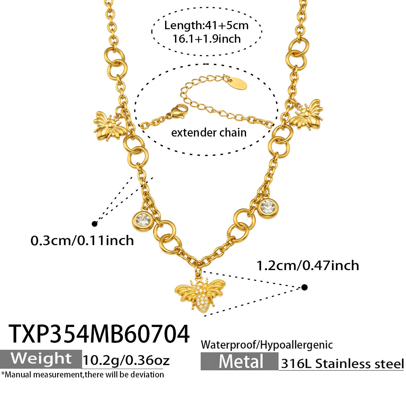 B廠【TXP354】歐美5A鋯石小蜜蜂吊墜不鏽鋼鍍18k金 多配件項鍊手鍊套組女飾品 26.07-2