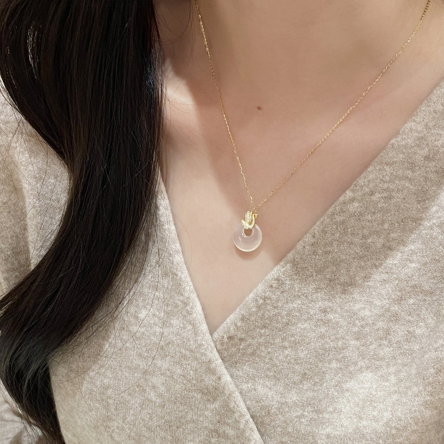 F廠【DQ0074N】S925純銀新中式國風如意平安扣項鍊女優雅小天鵝白玉髓鎖骨鏈
 25.10-4