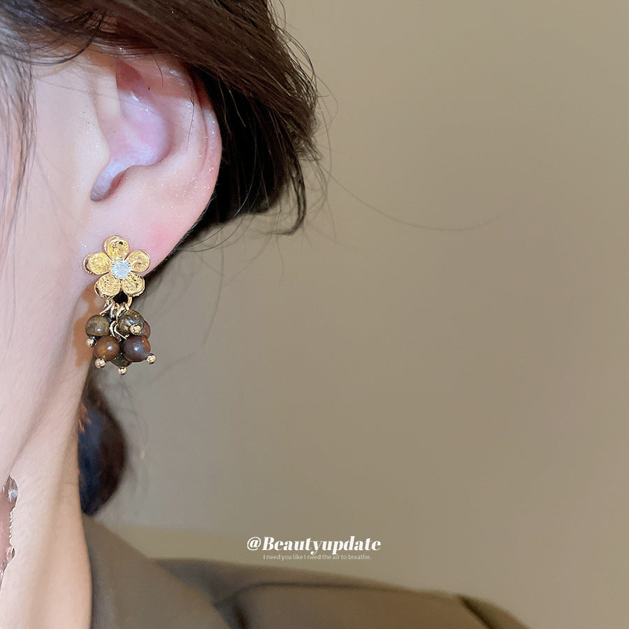 A廠【HE28971】925銀針虎眼石鋯石花朵流蘇吊墜耳環美拉德風耳環輕奢高級感耳飾
 25.10-3