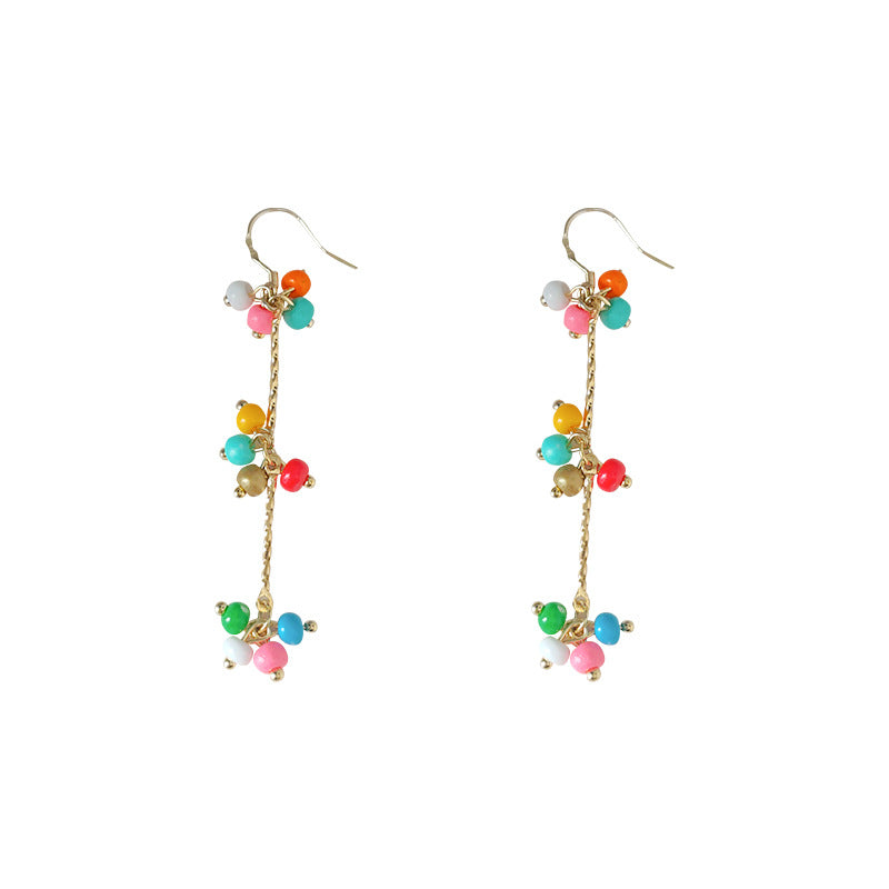 C廠【2068】度假風波西米亞風手作串珠流蘇耳環彩色多巴胺小眾設計感長耳飾 24.05-4