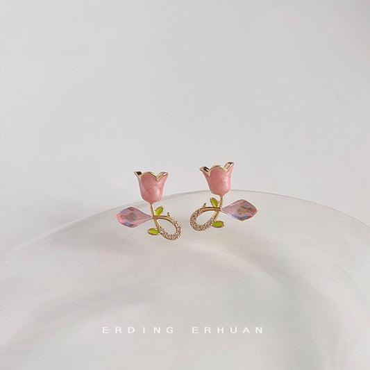 C廠【2268】油畫感甜美鬱金香耳環小眾設計感藤蔓鋯石粉色花朵可愛少女感耳飾 25.04-4