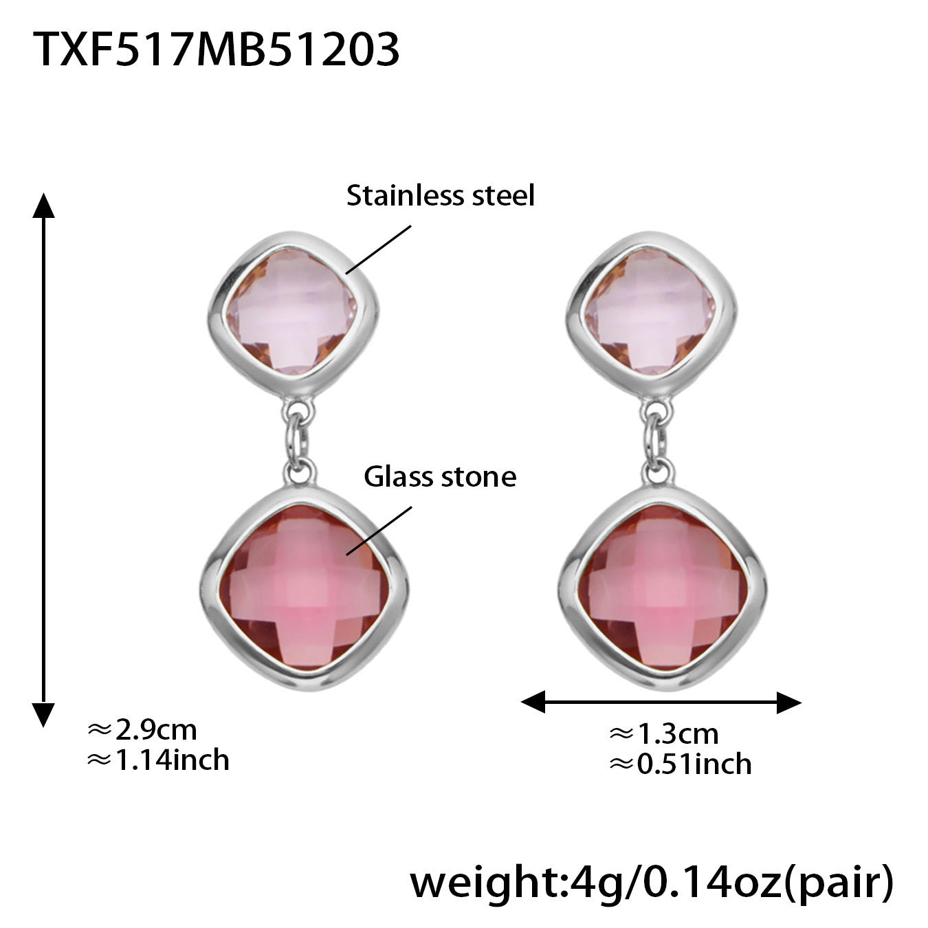 B廠【TXP517】不銹鋼方形切麵包邊玻璃石吊墜耳環項鍊手鍊珠寶首飾套裝鍍18k金
25.12-2