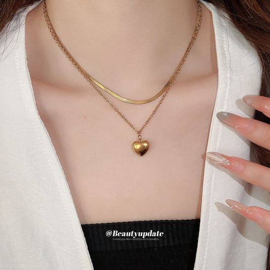 A廠【TN63】鈦鋼雙層愛心吊墜項鍊歐美跨境小眾設計感鎖骨鏈輕奢高級感項鍊飾女 25.06-2