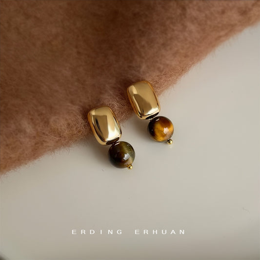 C廠【6947】美拉德風天然石虎眼石時尚高級感鍍14K新款幾何方形耳飾
 25.10-4