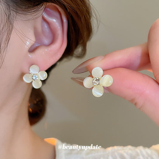 A廠【HE26201】925銀針鑲鑽貓眼石花朵耳環甜美小眾精緻百搭耳環輕奢高級感耳飾 25.05-1