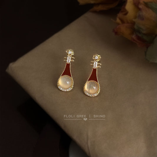 C廠【6836】原創琵琶~瑪瑙文藝氣質微鑲鋯石925銀針琺瑯滴釉酒紅色耳環耳飾女
 25.10-3