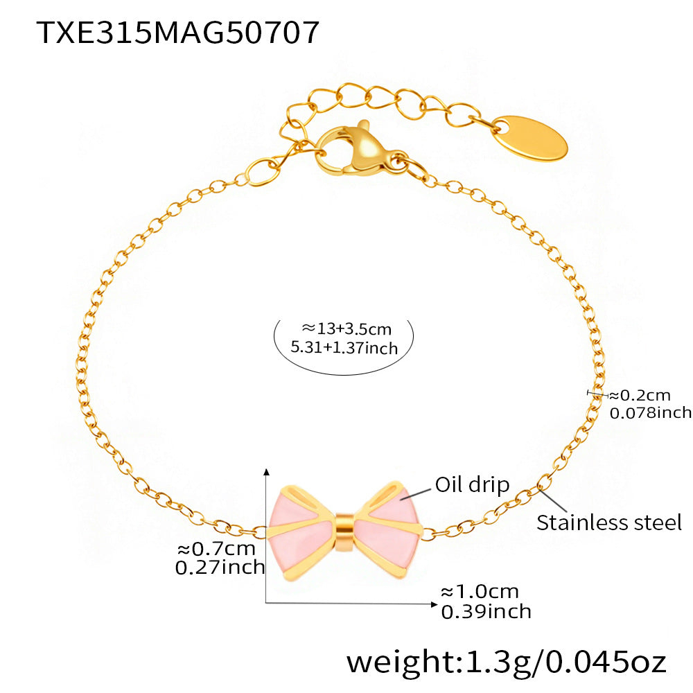 B廠【TXP315】不鏽鋼新款飾品粉紅色蝴蝶結耳環戒指手鍊項鍊腳鍊套裝 25.07-3