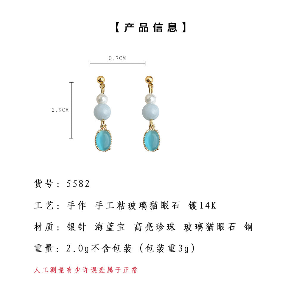 C廠【5582】半夏綠~玻璃貓眼石小巧簡約優雅甜美文藝氣質手工耳環耳環女 25.02-4