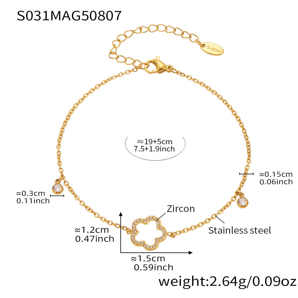 B廠【S031】ins風小清新氣質五葉花鑲嵌5A鋯石超閃腳鍊不鏽鋼鍍18k真金 25.08-3