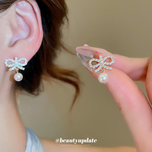 A廠【HE27443】925銀針鋯石蝴蝶結珍珠吊墜耳環法式輕奢風鋯石耳環小眾設計感耳飾女 25.06-4