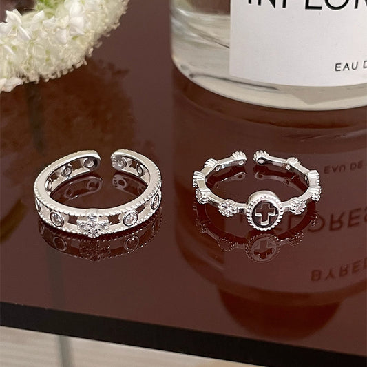 F廠【DQ8516R】S925純銀韓版時尚鏤空十字架戒指女ins時髦微鑲閃鑽疊戴指環 25.06-2