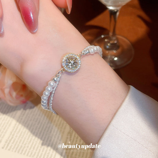 A廠【HB4588】鋯石圓形珍珠串珠芒星吊墜雙層手鍊優雅氣質手串輕奢高級感手飾女
 25.09-3