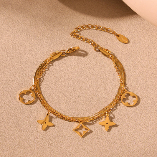 B廠【TXS257】簡約輕奢風不鏽鋼刀片雙層腳鍊鏤空老花多配件吊墜夏日潮款 25.05-2